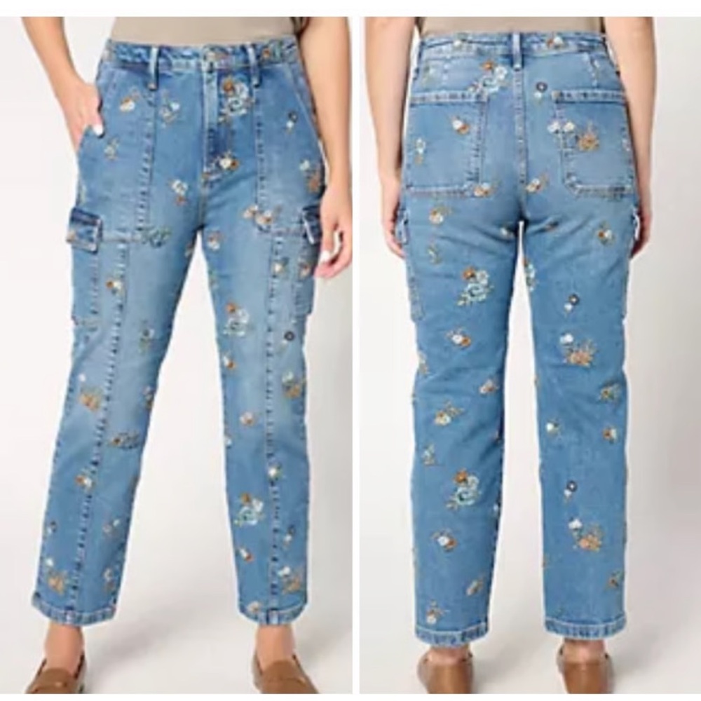 DRIFTWOOD Blue Floral Embroidered Cropped Jeans Royce Straight Leg Cargo Denim - Picture 3 of 7